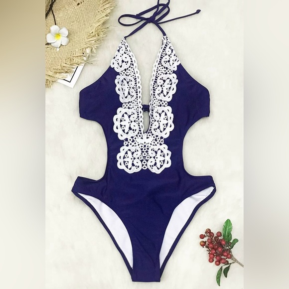 Elegant Navy and White Halter Swimsuit - Picture 3 of 7